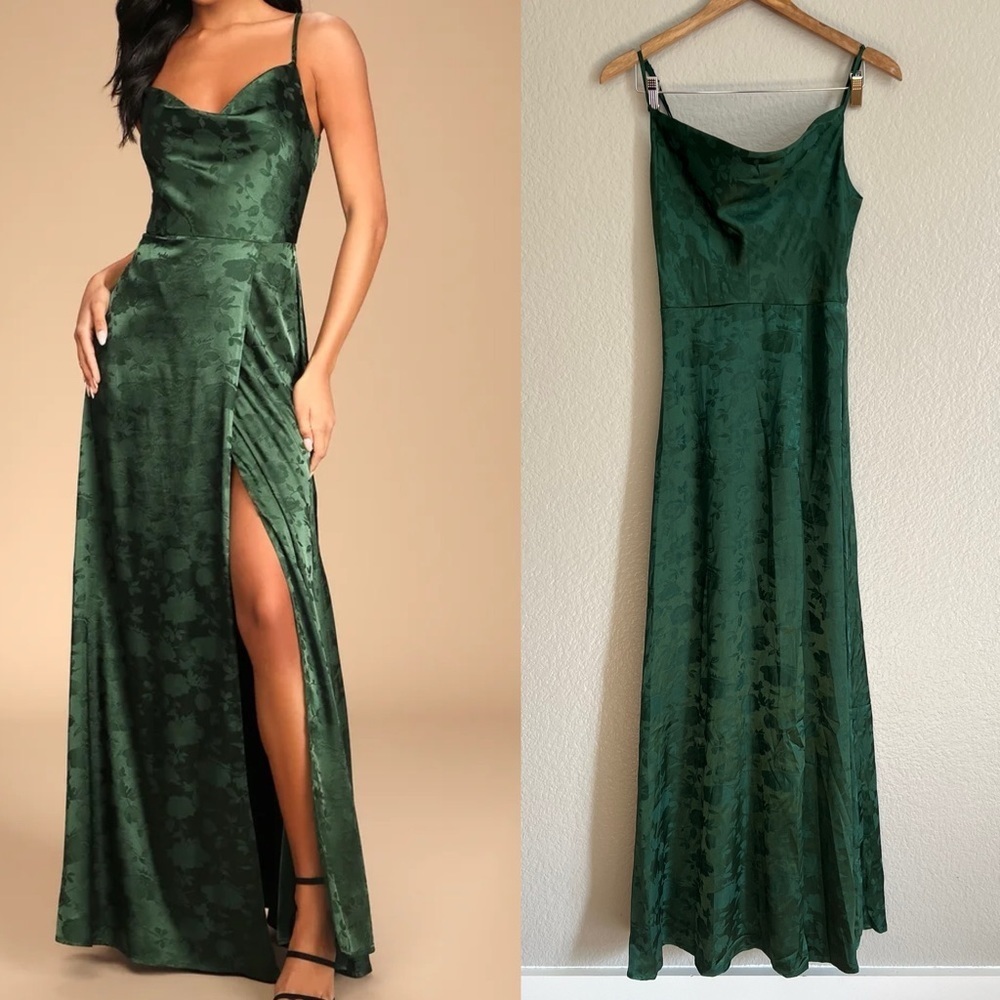 NWOT Simply Dreamy Emerald Green Satin Floral Jacquard Maxi Dress